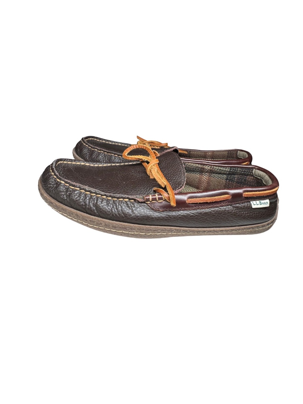 L.L. Bean Brown Leather Men's Handsewn Slippers Flannel-Lined Moccasin Loafers 9